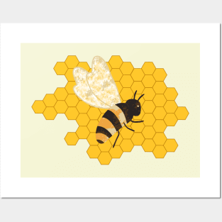 Cute Black Bee on Yellow Honeycomb Posters and Art